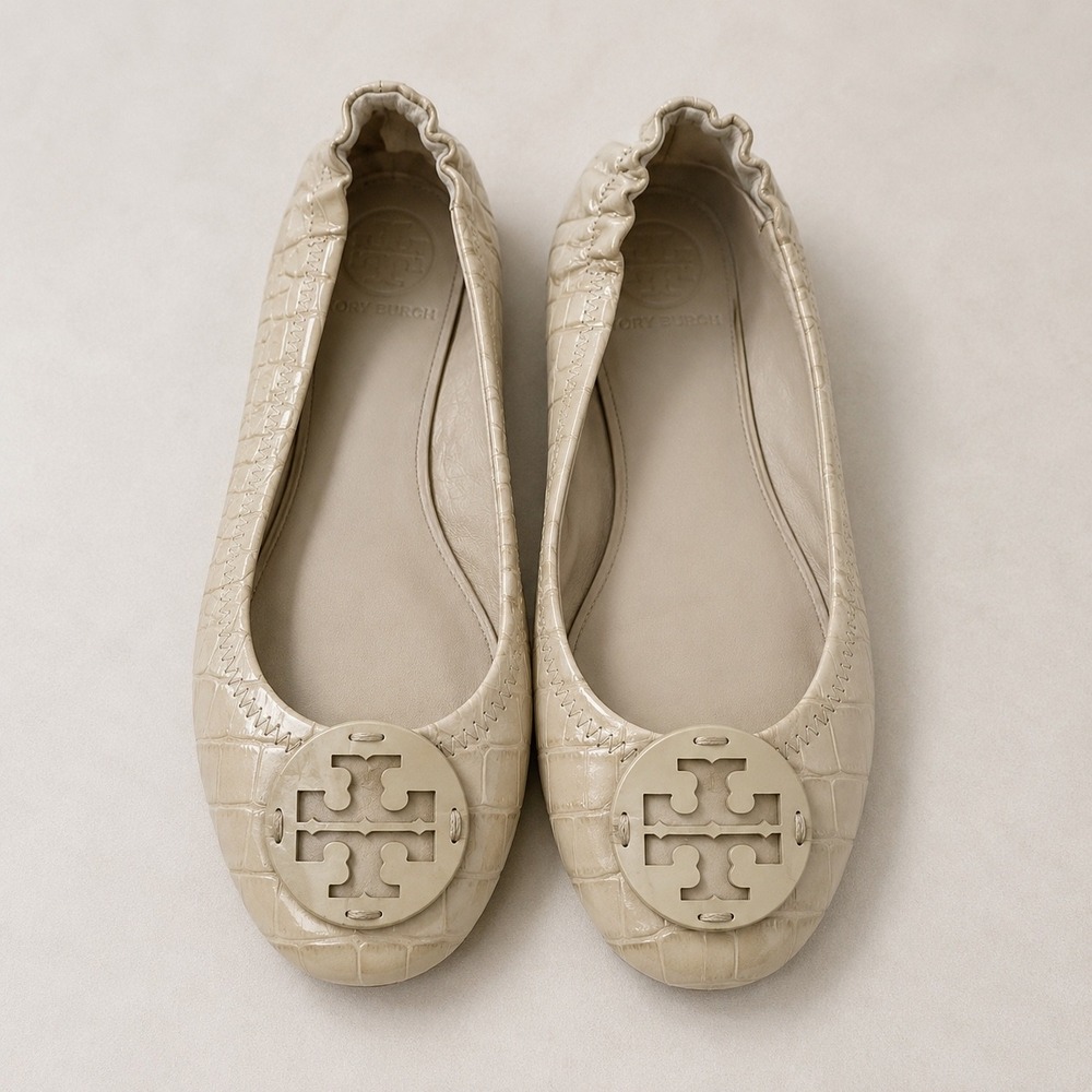 Tory Burch Minnie Travel Ballet Flats Womens Beige Croc Embossed Excellent Logo‎